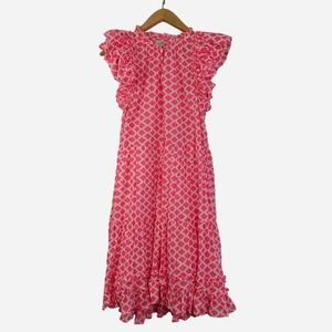 Vineyard Vines Pink Geometric Print Ruffle Flutter Sleeve Midi Dress Large